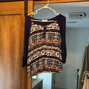 Ces Femme Navy and Patterned Long Sleeve Top
